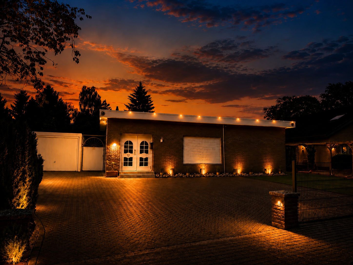 Beleuchtete Hausfront von GOLDENDOGHOUSE in Rhauderfehn am Abend