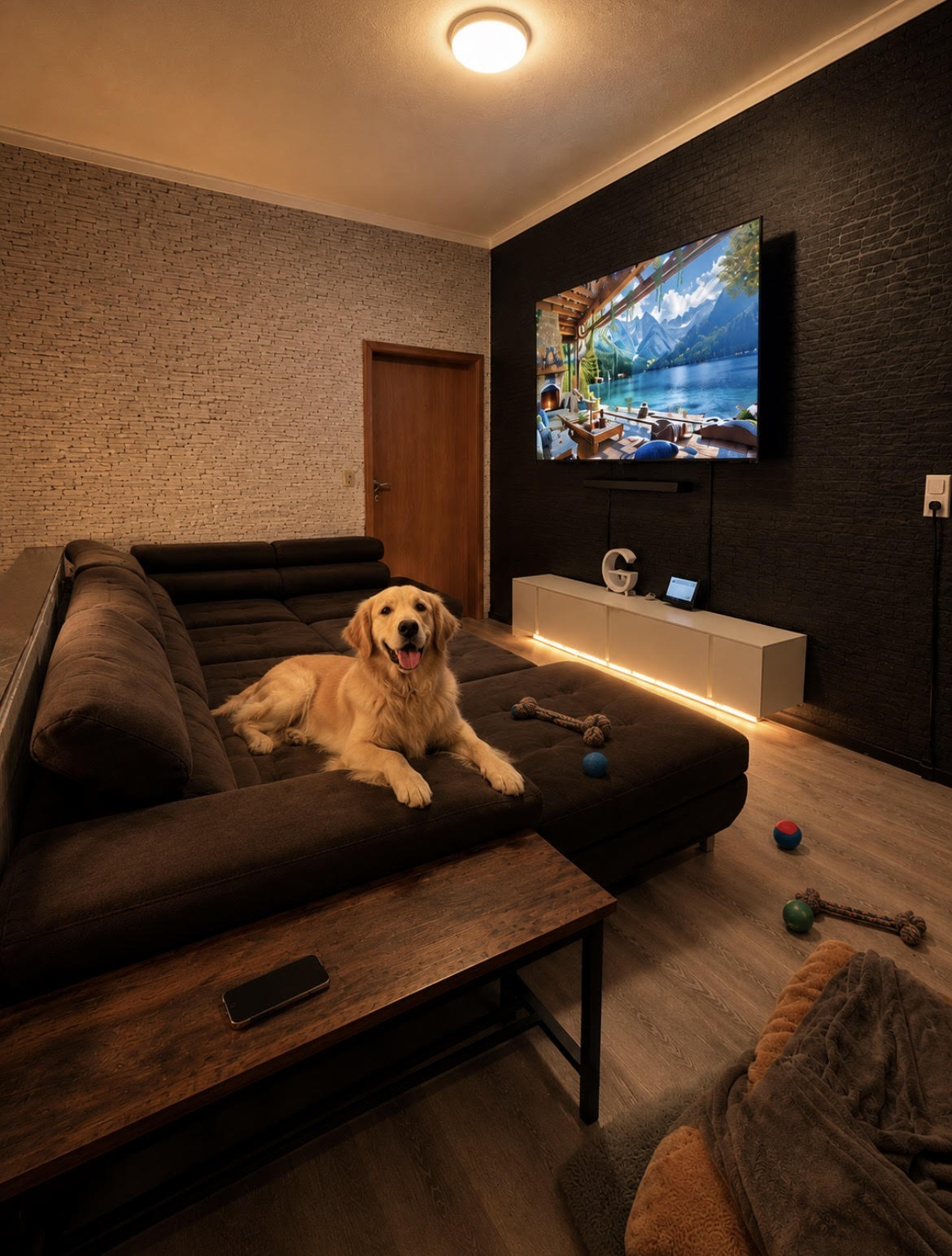 Golden Retriever liegt entspannt auf dem großen Sofa im Wohnzimmer